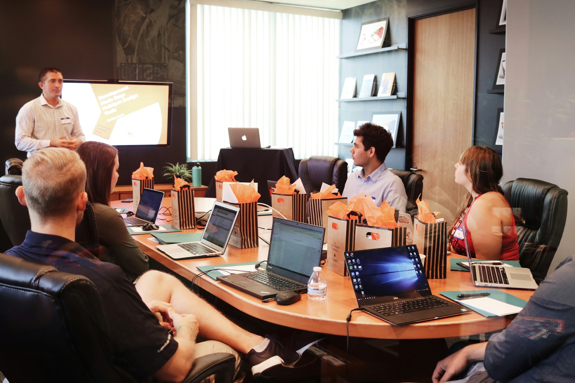 Professionals collaborating in a modern office
